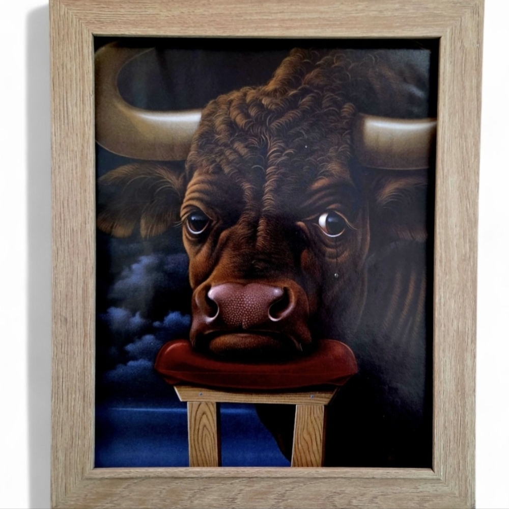 8x10 Vintage Framed Bull Artwork with Wooden Frame
